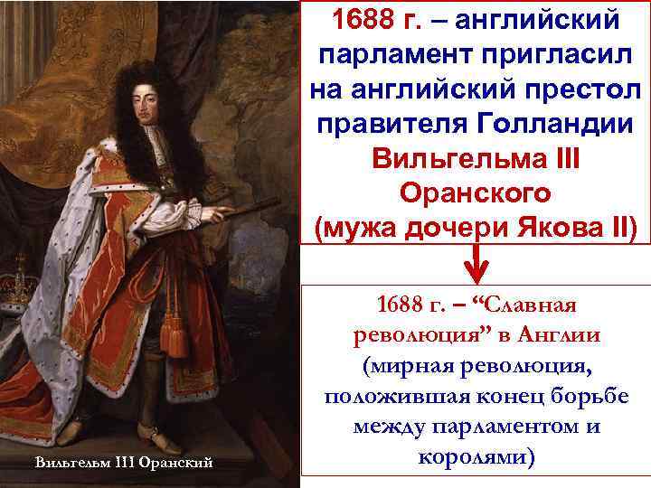 1688 г. – английский парламент пригласил на английский престол правителя Голландии Вильгельма III Оранского