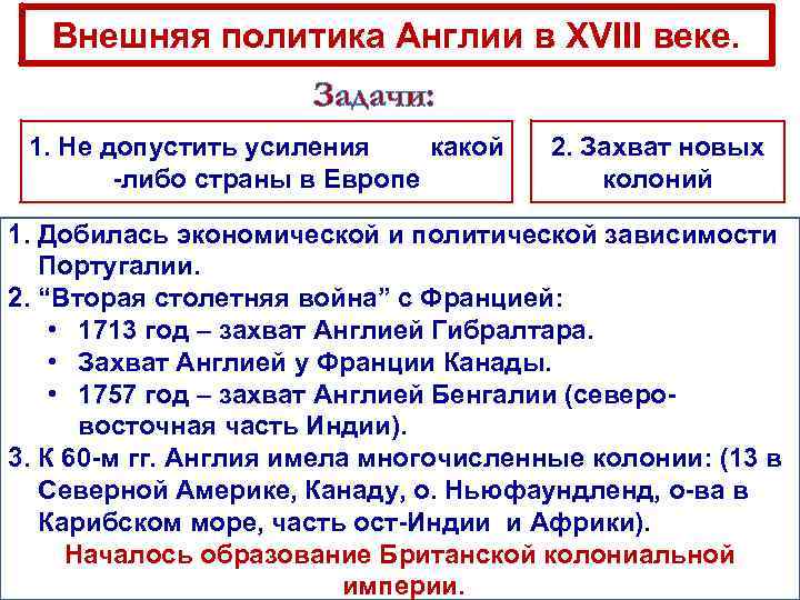 Внешняя политика Англии в XVIII веке. Задачи: 1. Не допустить усиления какой -либо страны