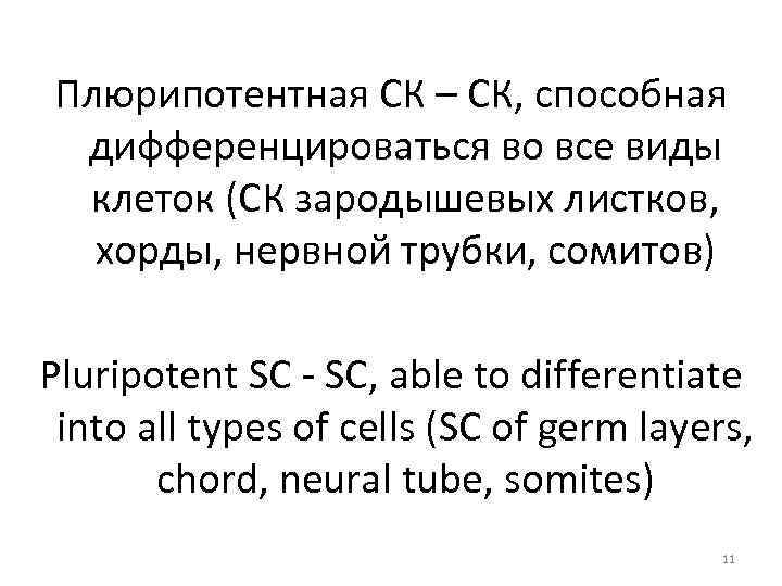 Плюрипотентная СК – СК, способная дифференцироваться во все виды клеток (СК зародышевых листков, хорды,