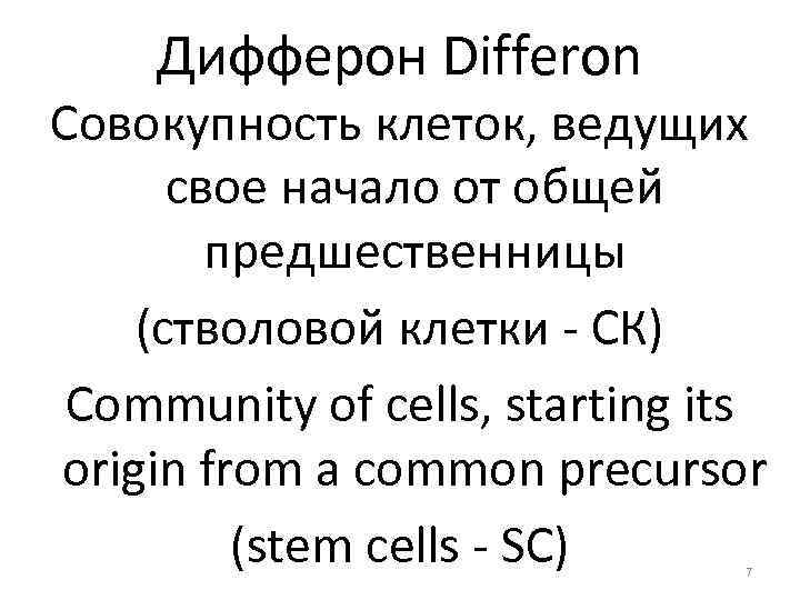 Дифферон Differon Совокупность клеток, ведущих свое начало от общей предшественницы (стволовой клетки - СК)