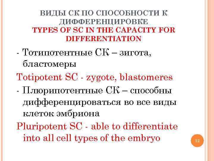 ВИДЫ СК ПО СПОСОБНОСТИ К ДИФФЕРЕНЦИРОВКЕ TYPES OF SC IN THE CAPACITY FOR DIFFERENTIATION