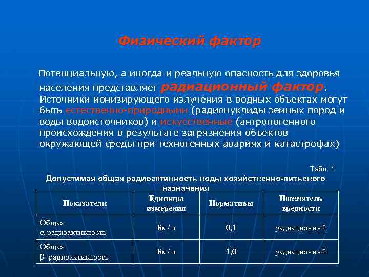 Физический фактор Потенциальную, а иногда и реальную опасность для здоровья населения представляет радиационный фактор.