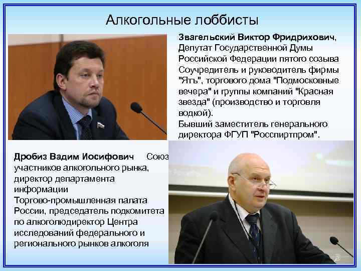 Алкогольные лоббисты Звагельский Виктор Фридрихович, Депутат Государственной Думы Российской Федерации пятого созыва Соучредитель и