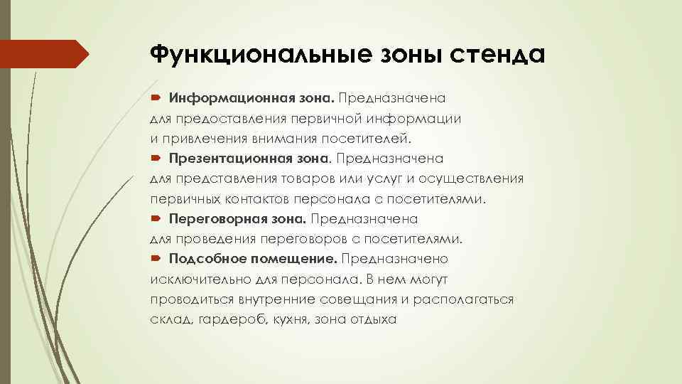 Функциональные зоны стенда Информационная зона. Предназначена для предоставления первичной информации и привлечения внимания посетителей.