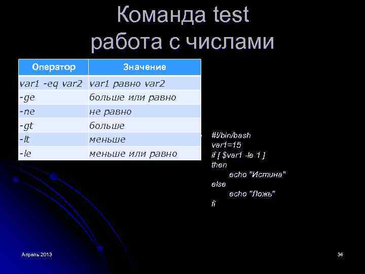 Команда test работа с числами Оператор Значение var 1 -eq var 2 var 1