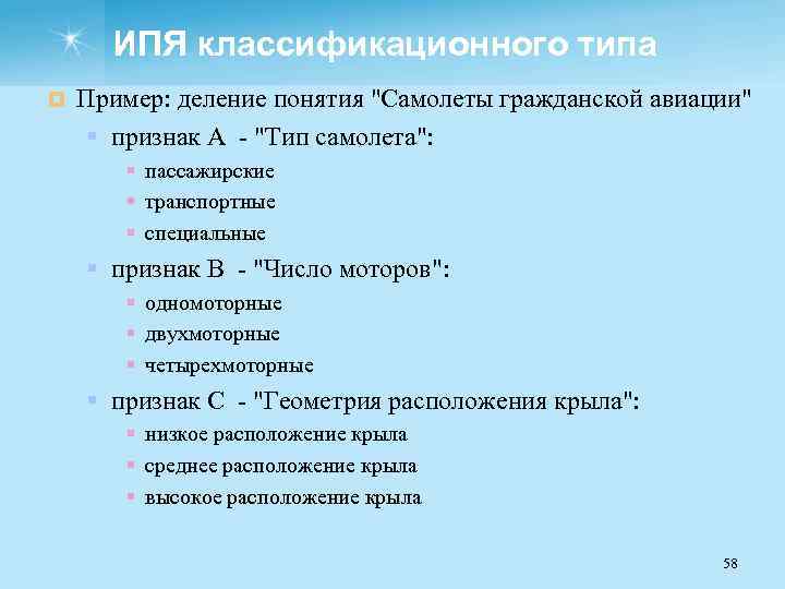 ИПЯ классификационного типа ¤ Пример: деление понятия "Самолеты гражданской авиации" § признак А "Тип