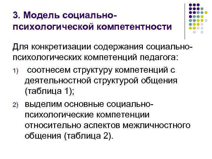 3. Модель социальнопсихологической компетентности Для конкретизации содержания социальнопсихологических компетенций педагога: 1) соотнесем структуру компетенций