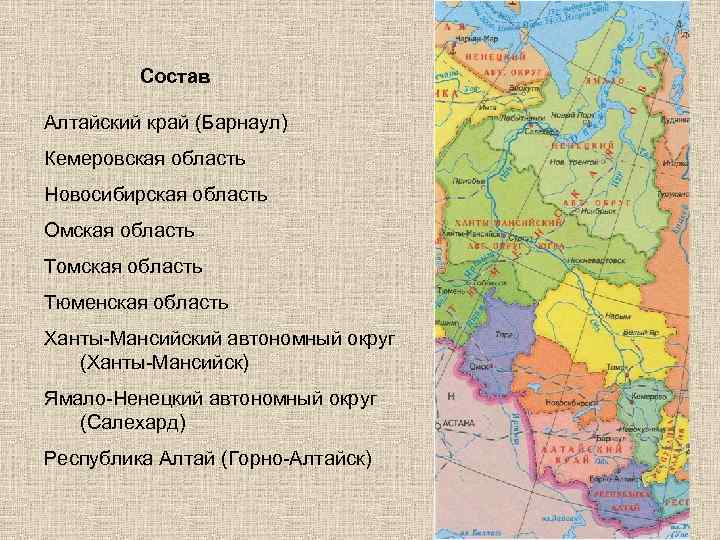 Состав Алтайский край (Барнаул) Кемеровская область Новосибирская область Омская область Томская область Тюменская область
