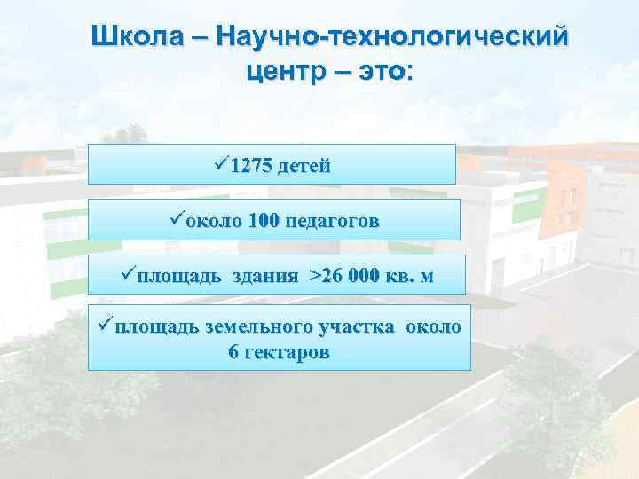 Школа – Научно-технологический центр – это: ü 1275 детей üоколо 100 педагогов üплощадь здания