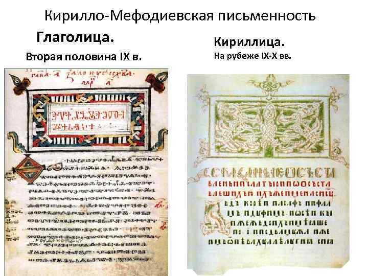 Кирилло-Мефодиевская письменность Глаголица. Кириллица. Вторая половина IХ в. На рубеже IХ-Х вв. 