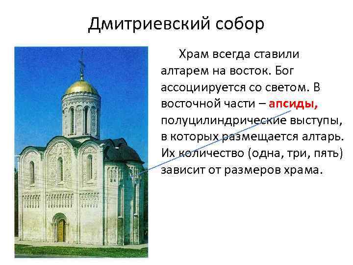 Дмитриевский собор Храм всегда ставили алтарем на восток. Бог ассоциируется со светом. В восточной