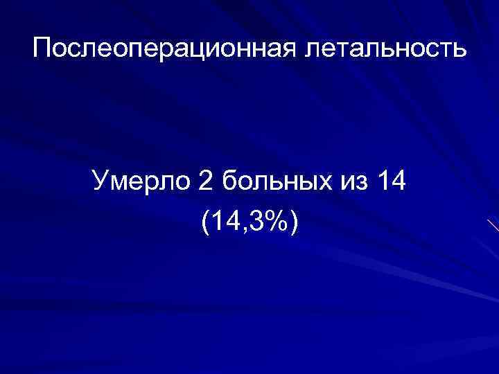 Послеоперационная летальность Умерло 2 больных из 14 (14, 3%) 