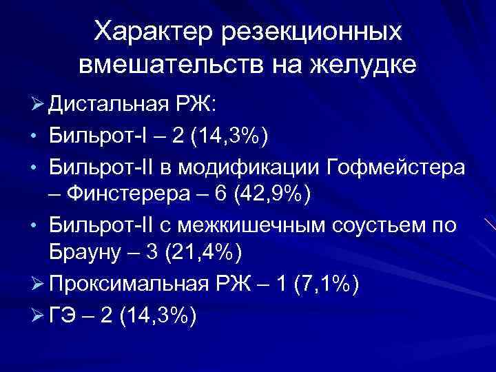 Характер резекционных вмешательств на желудке Ø Дистальная РЖ: • Бильрот-I – 2 (14, 3%)