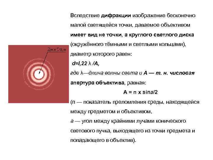 Вследствие дифракции изображение бесконечно малой светящейся точки, даваемое объективом имеет вид не точки, а