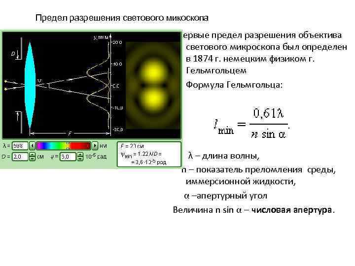Предел разрешения. Предел разрешения электронного микроскопа формула. Апертурный угол объектива микроскопа. Разрешение оптического микроскопа формула. Формула числовой апертуры микроскопа.