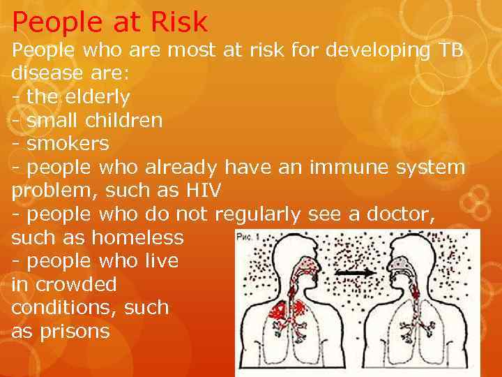 People at Risk People who are most at risk for developing TB disease are: