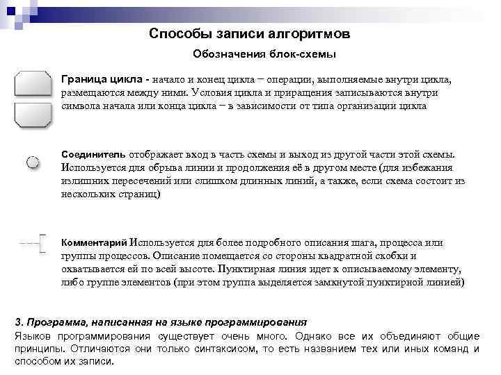 Способы записи алгоритмов Обозначения блок-схемы Граница цикла - начало и конец цикла − операции,