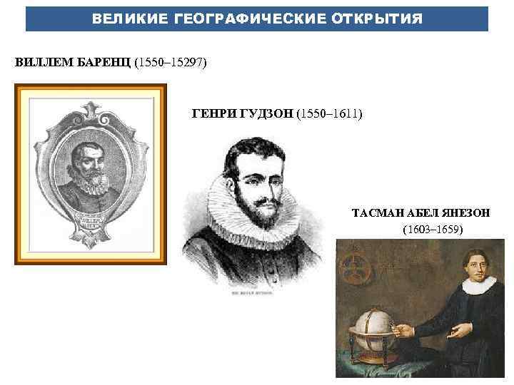 ВЕЛИКИЕ ГЕОГРАФИЧЕСКИЕ ОТКРЫТИЯ ВИЛЛЕМ БАРЕНЦ (1550– 15297) ГЕНРИ ГУДЗОН (1550– 1611) ТАСМАН АБЕЛ ЯНЕЗОН
