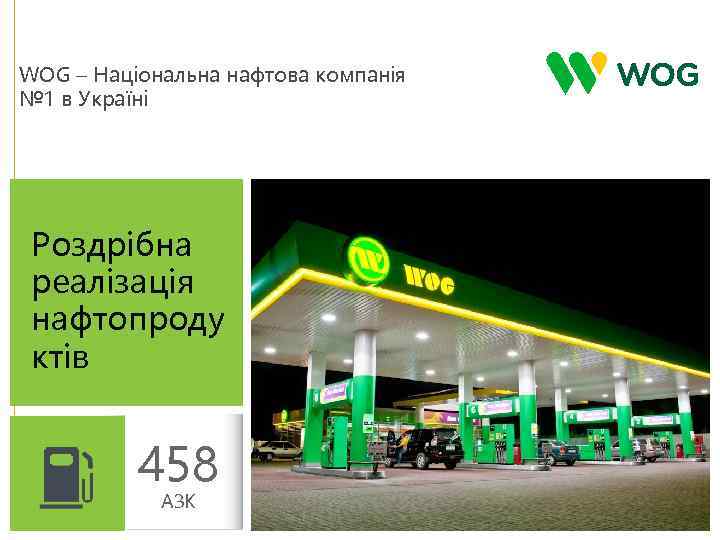 WOG – Національна нафтова компанія № 1 в Україні Роздрібна реалізація нафтопроду ктів 458