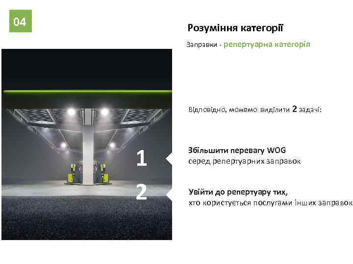 04 Розуміння категорії Заправки - репертуарна категорія Відповідно, можемо виділити 2 задачі: 1 2