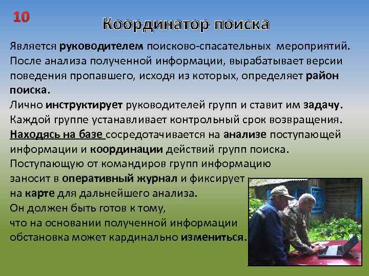 10 Координатор поиска Является руководителем поисково-спасательных мероприятий. После анализа полученной информации, вырабатывает версии поведения