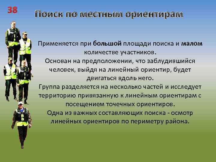 38 Поиск по местным ориентирам Применяется при большой площади поиска и малом количестве участников.