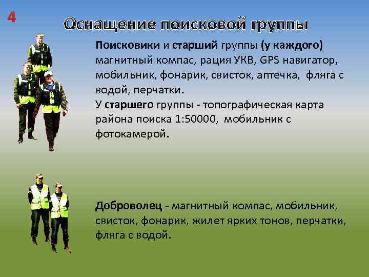 4 Оснащение поисковой группы Поисковики и старший группы (у каждого) магнитный компас, рация УКВ,