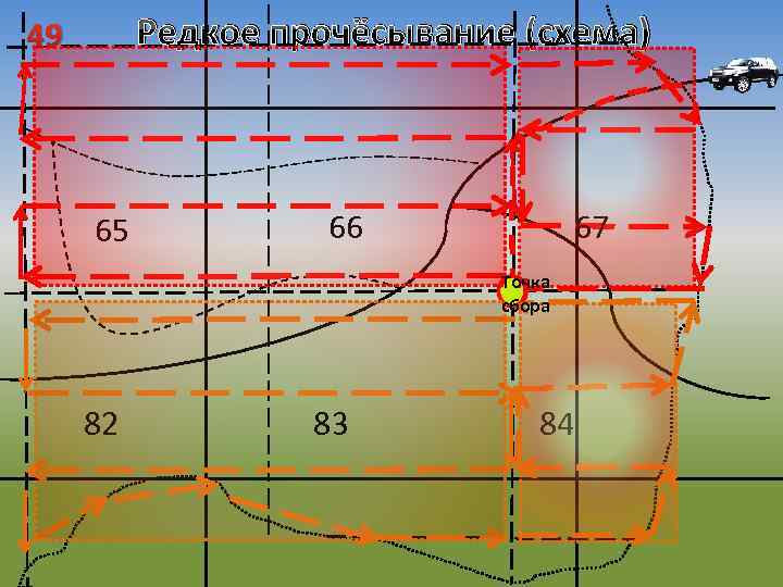 Редкое прочёсывание (схема) 49 65 66 67 Точка сбора 82 83 84 