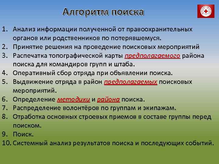 Алгоритм поиска 1. Анализ информации полученной от правоохранительных органов или родственников по потерявшемуся. 2.