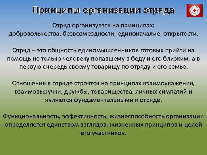 Принципы организации отряда Отряд организуется на принципах: добровольчества, безвозмездности, единоначалие, открытости. Отряд – это