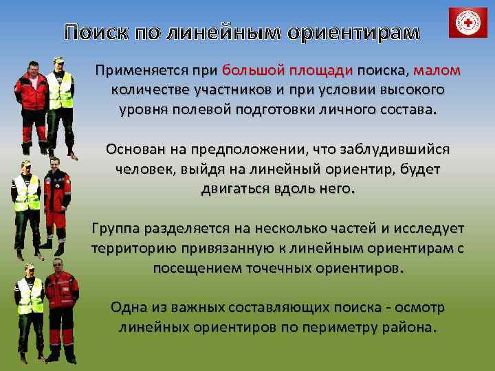 Поиск по линейным ориентирам Применяется при большой площади поиска, малом количестве участников и при