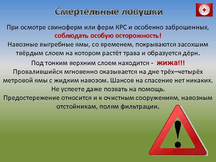 Смертельные ловушки При осмотре свиноферм или ферм КРС и особенно заброшенных, соблюдать особую осторожность!