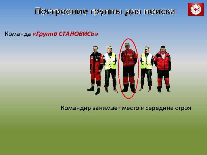 Построение группы для поиска Команда «Группа СТАНОВИСЬ» Командир занимает место в середине строя 