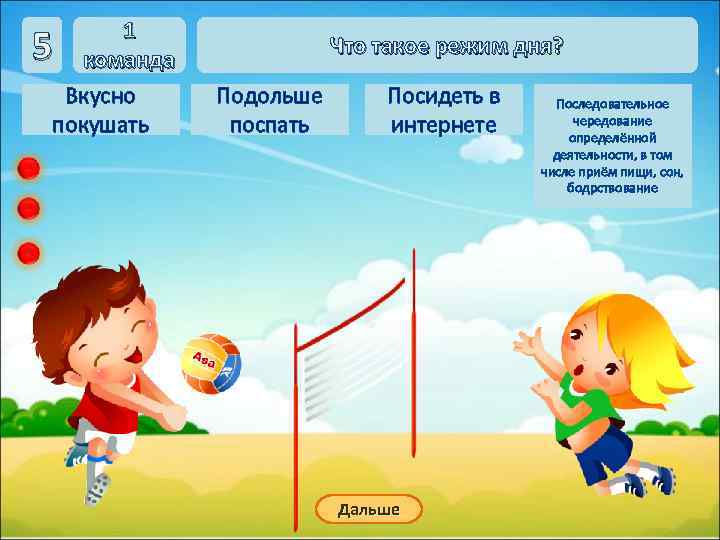 1 команда Вкусно покушать 5 Что такое режим дня? Подольше поспать Посидеть в интернете