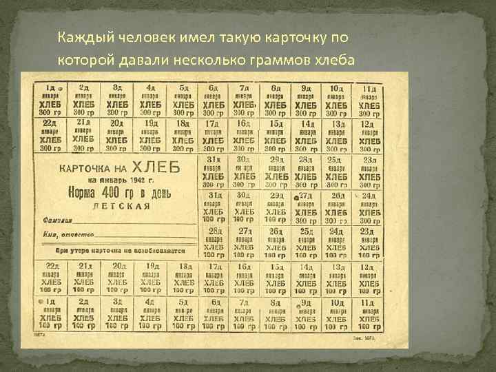 Каждый человек имел такую карточку по которой давали несколько граммов хлеба 