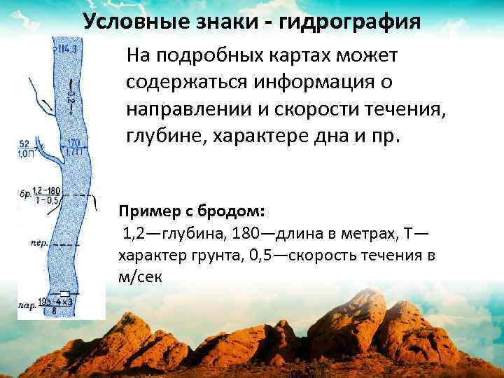 Условные знаки - гидрография На подробных картах может содержаться информация о направлении и скорости