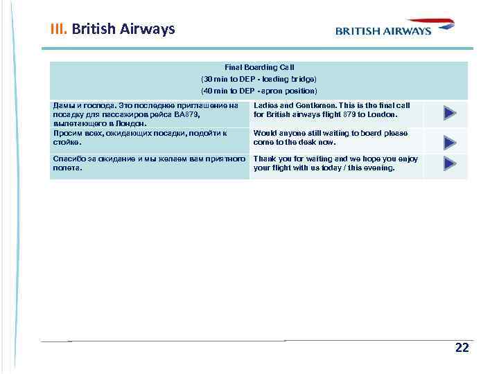 III. British Airways Final Boarding Call (30 min to DEP - loading bridge) (40