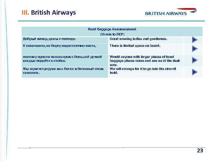 III. British Airways Hand Baggage Announcement Добрый вечер, дамы и господа. (55 min to