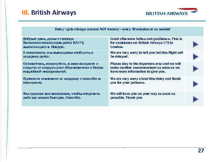 III. British Airways Delay  gate change (reason NOT known) - every 10 minutes