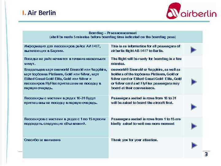 I. Air Berlin Boarding – Preannouncement (shall be made 5 minutes before boarding time