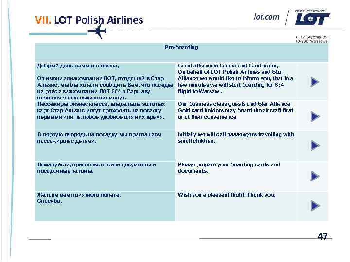 VII. LOT Polish Airlines Pre-boarding Добрый день дамы и господа, Good afternoon Ladies and