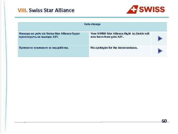 VIII. Swiss Star Alliance Gate change Посадка на рейс а/к Swiss Star Alliance будет