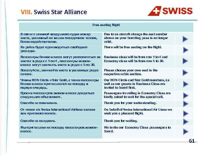 VIII. Swiss Star Alliance Free seating flight В связи с заменой воздушного судна номер