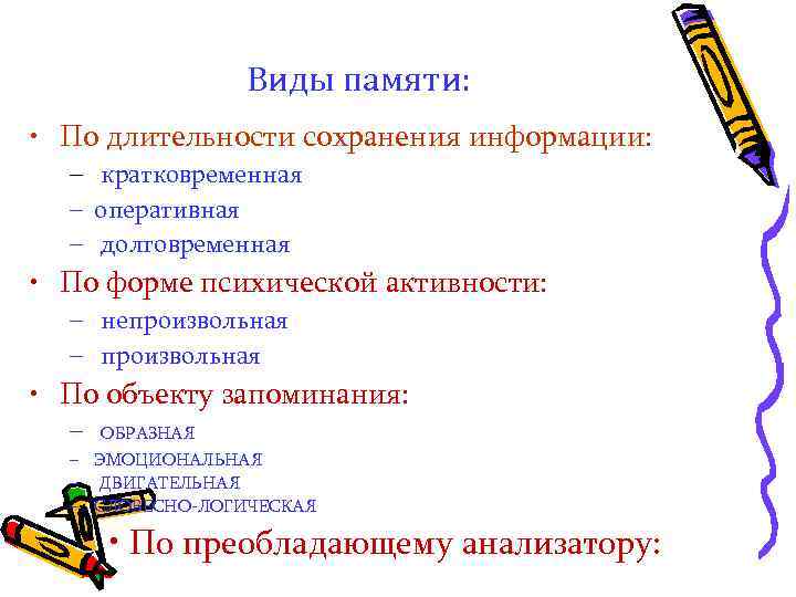 Виды памяти: • По длительности сохранения информации: – кратковременная – оперативная – долговременная •