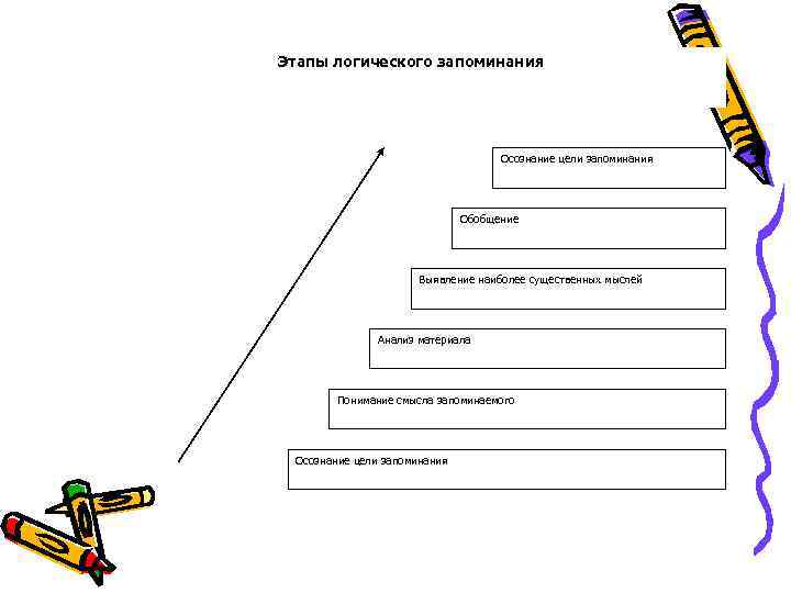 Этапы логического запоминания Осознание цели запоминания Обобщение Выявление наиболее существенных мыслей Анализ материала Понимание