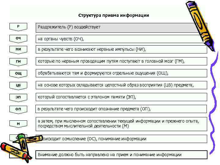 Структура приема информации Р Раздражитель (Р) воздействует ОЧ на органы чувств (ОЧ), НИ в