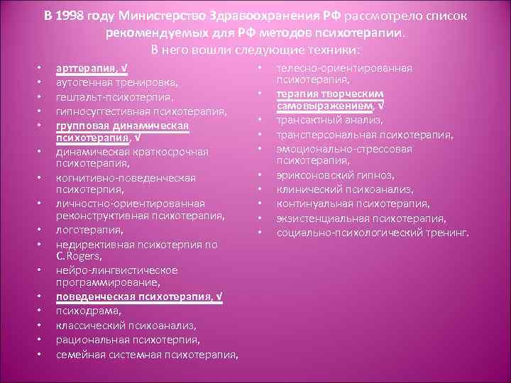 В 1998 году Министерство Здравоохранения РФ рассмотрело список рекомендуемых для РФ методов психотерапии. В