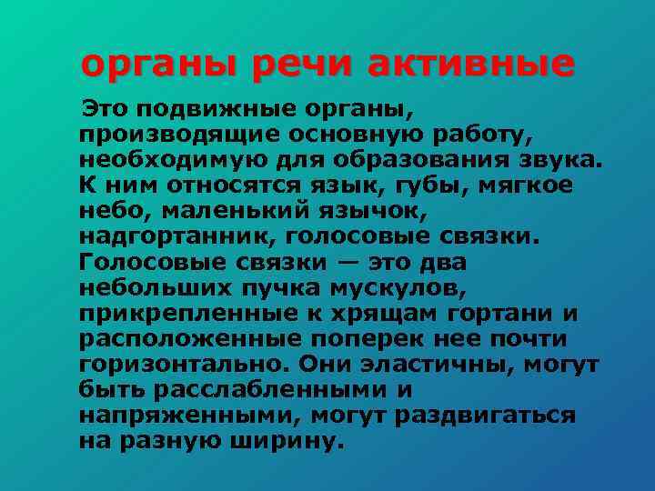 органы речи активные Это подвижные органы, производящие основную работу, необходимую для образования звука. К