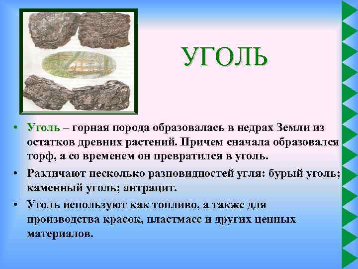 УГОЛЬ • Уголь – горная порода образовалась в недрах Земли из остатков древних растений.
