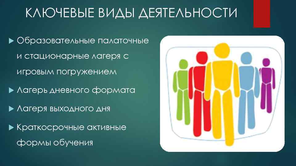 КЛЮЧЕВЫЕ ВИДЫ ДЕЯТЕЛЬНОСТИ Образовательные палаточные и стационарные лагеря с игровым погружением Лагерь дневного формата